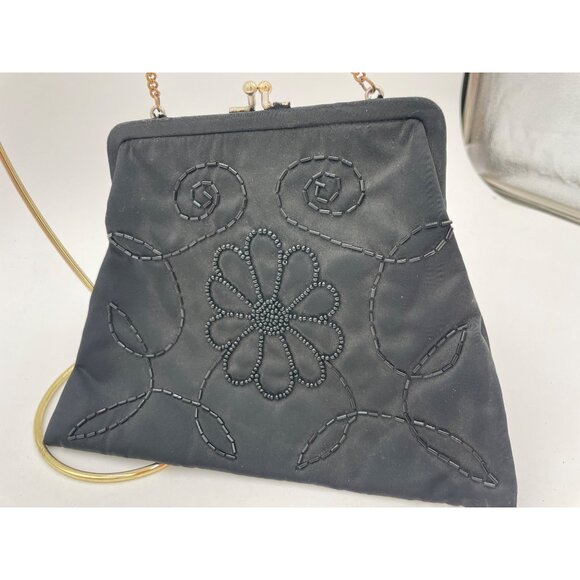 Vintage Embroidered Black Satin Evening Bag With Gold Chain & Clasp Closure - Picture 2 of 4